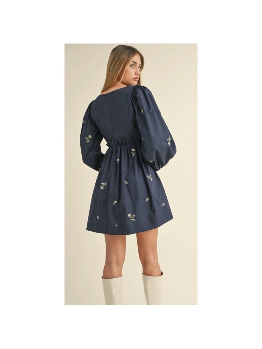 MABLE Navy Floral-Embroidered Square-Neck Mini Dress - Picture 3 of 9